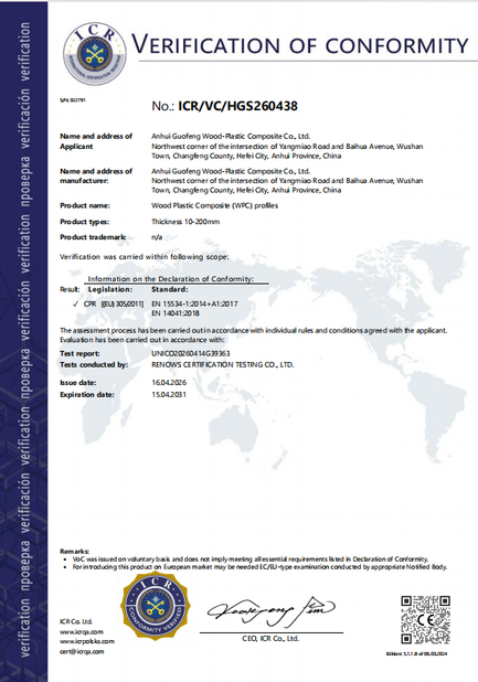 中国 AnHui Guofeng Wood-Plastic Composite Co., Ltd 認証